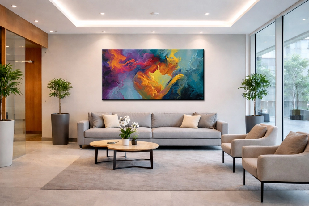 Modern schilderij boven bank in ruime woonkamer