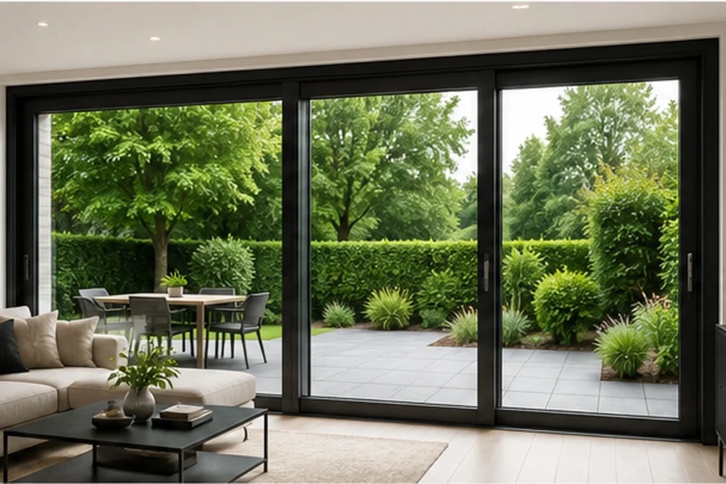 Modern interieur met zwarte kunststof schuifpui en verbinding naar de tuin