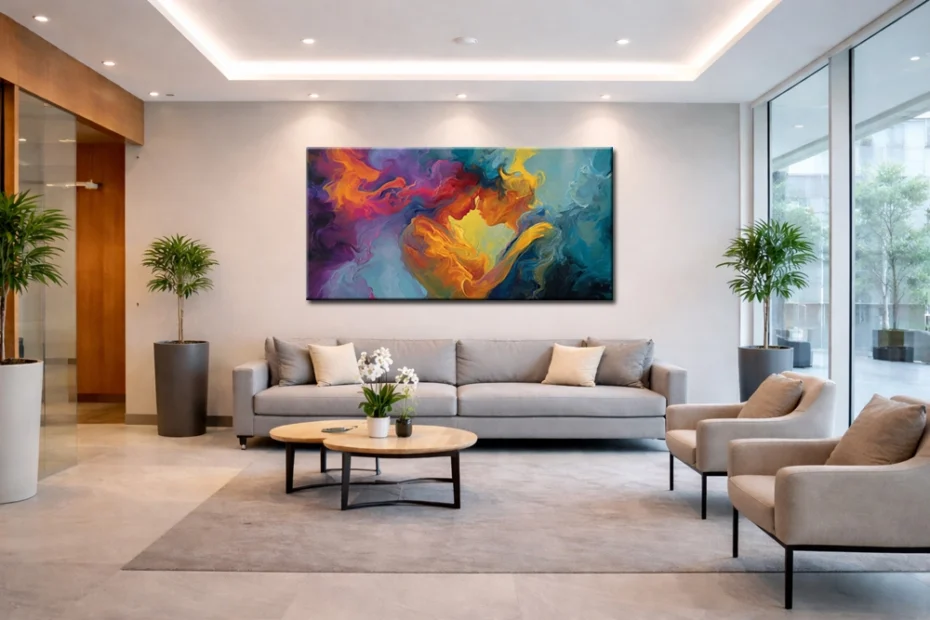 Modern schilderij boven bank in ruime woonkamer
